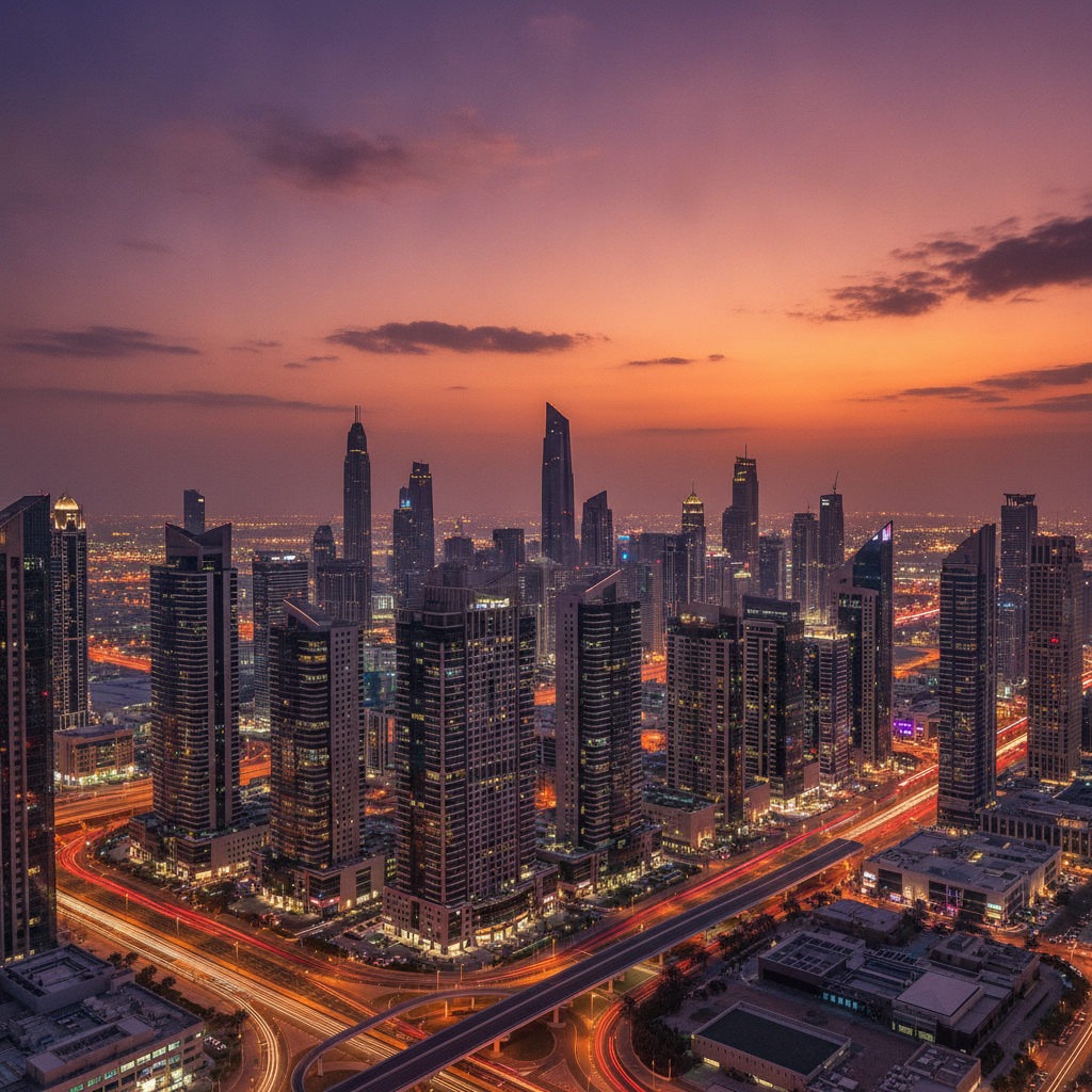 Dubai business district skyline at dusk